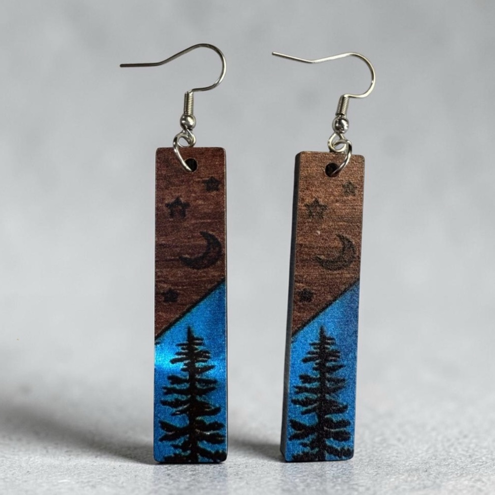 Handmade Blue & Brown Wood Tree Dangle Earrings